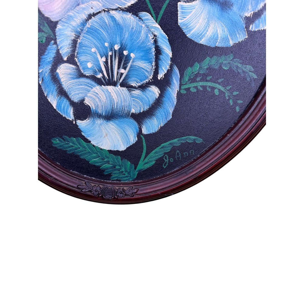 Vintage Signed Jo Ann Floral Oil Painting Oval Framed Blue Purple Whimsigoth - Picture 2 of 9